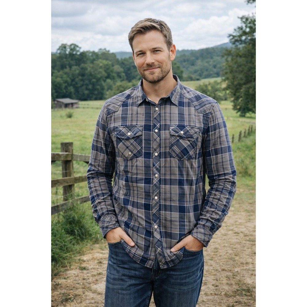 Buckle Black Mens Large Plaid Western Snap Button Down Shirt Grey Blue BB262FPW‎